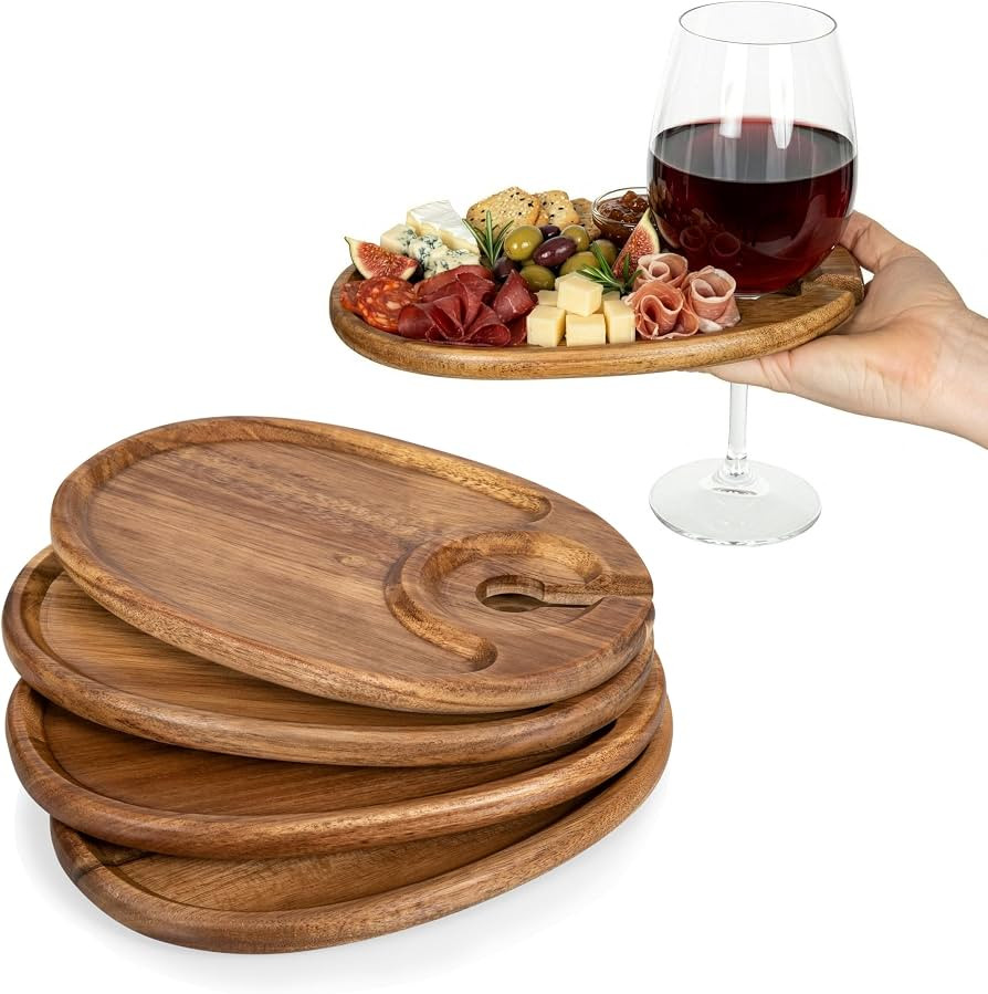 PICNIC TIME Wine Appetizer Plates, Set of 4 Wooden Cocktail Plates with Glass Holder, Mini Charcu... | Amazon (US)