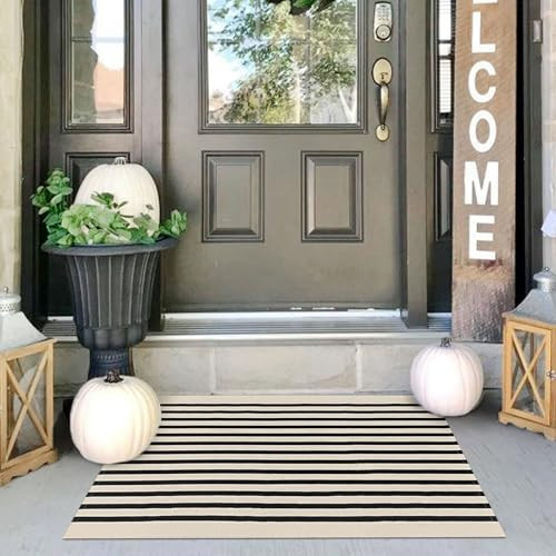 IOHOUZE Black Beige Striped Rug -2'x3' Front Door Rugs Outdoor, Small Washable Area Rug for Front Porch, Spring Summer Welcome Mats Outdoor Indoor, Doormat for Entryway Porch Entrance | Amazon (US)