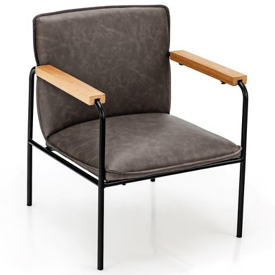Costway Modern Accent Chair Arm Chair PU Leather W/Rubber Wood Armrest for Living Room Grey | Target