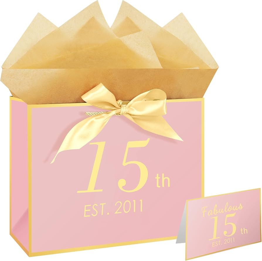 Eaureum 15th Birthday Gift Bag for Girls, 13" Pink Gold 15th Birthday Gift Bag Party Decorations ... | Amazon (US)