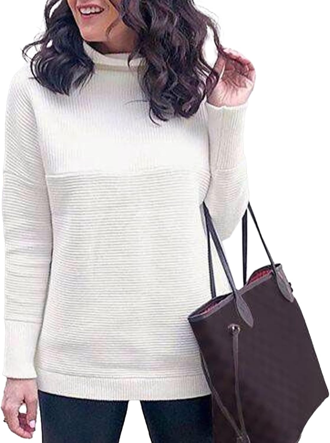 CHICWISH Women's Linen/White/Grey Cozy Ribbed Long Sleeve Turtleneck Knit Top Pullover Sweater | Amazon (US)