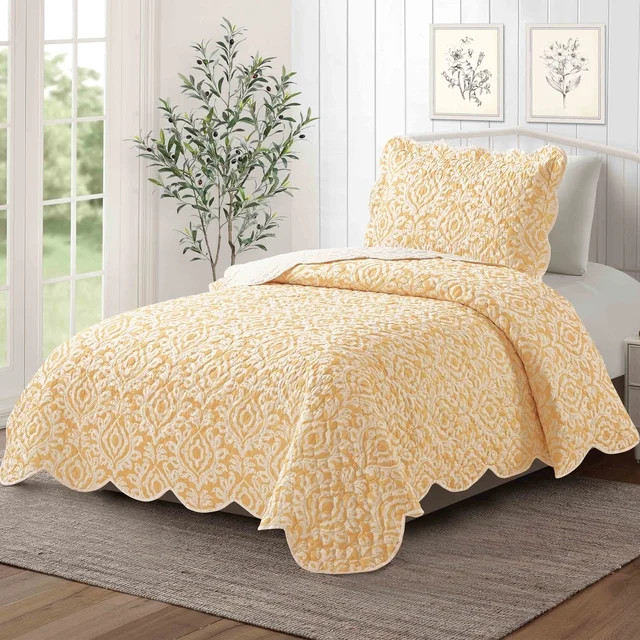 Mainstays Yellow Damask 2-Piece Quilt Set, T/TXL | Walmart (US)