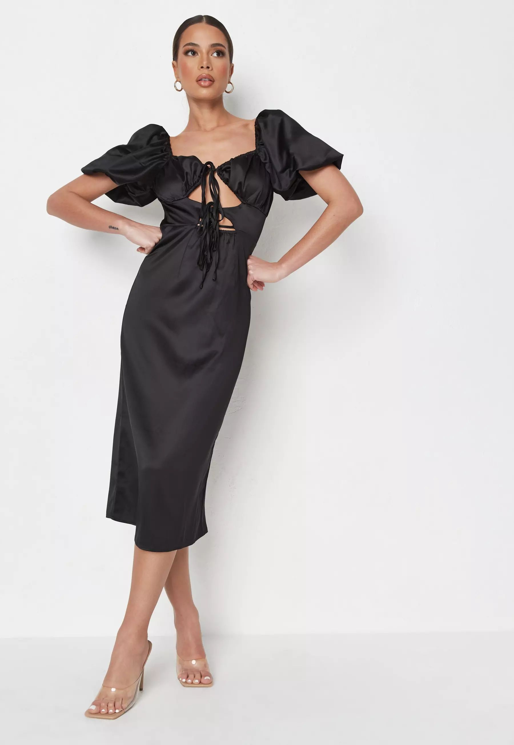 Black Satin Tie Front Puff Sleeve Midi Dress | Missguided (US & CA)
