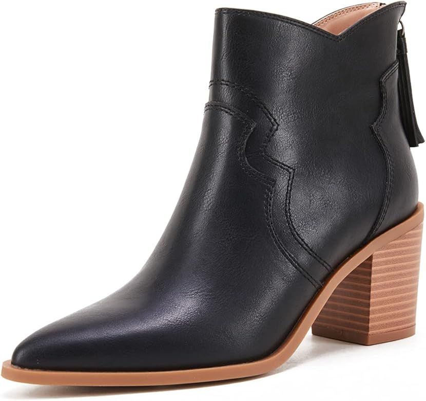 VETASTE Women Ankle Boots Casual Pointed Toe Chunky Block Heel Zipper Tassel Western Booties | Amazon (US)