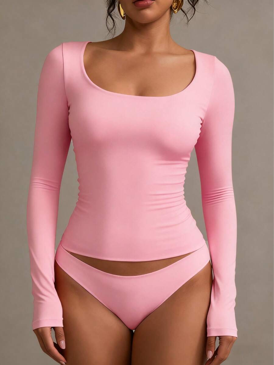 XLLAIS Pink Casual Long Sleeve Crew Neck T-Shirt For Women, Double Layer, Suitable For Valentine'... | SHEIN