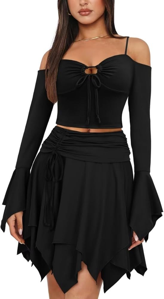 PRIVIMIX Womens Y2K 2 Piece Skirt Set Bell Sleeve Crop Top Ruffled Mini Skirts Fairy Dresses | Amazon (US)