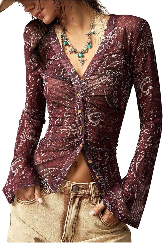 Women's Boho Paisley Button Down T Shirt V Neck Vintage Y2K Long Sleeve Fitted Fall Tee Tops | Amazon (US)