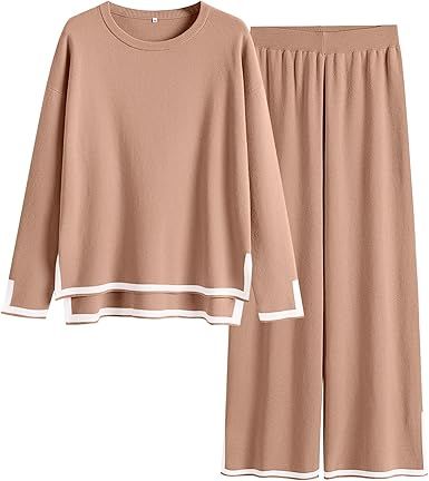 ANRABESS Women's Two Piece Outfits Knit Pullover Sweater Tops & Wide leg Pants Lounge Matching Sw... | Amazon (US)