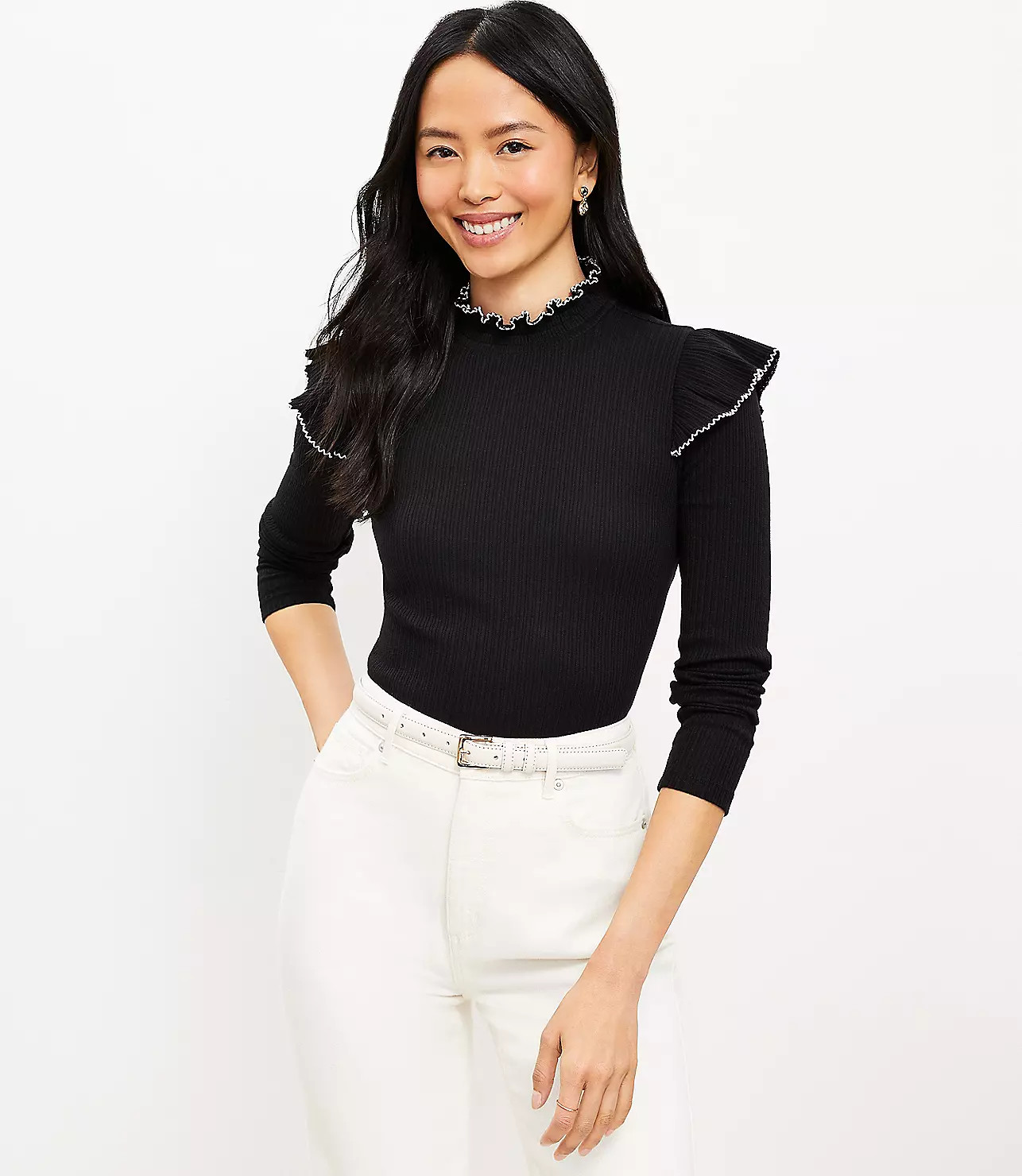 Pointelle Ribbed Ruffle Top | LOFT