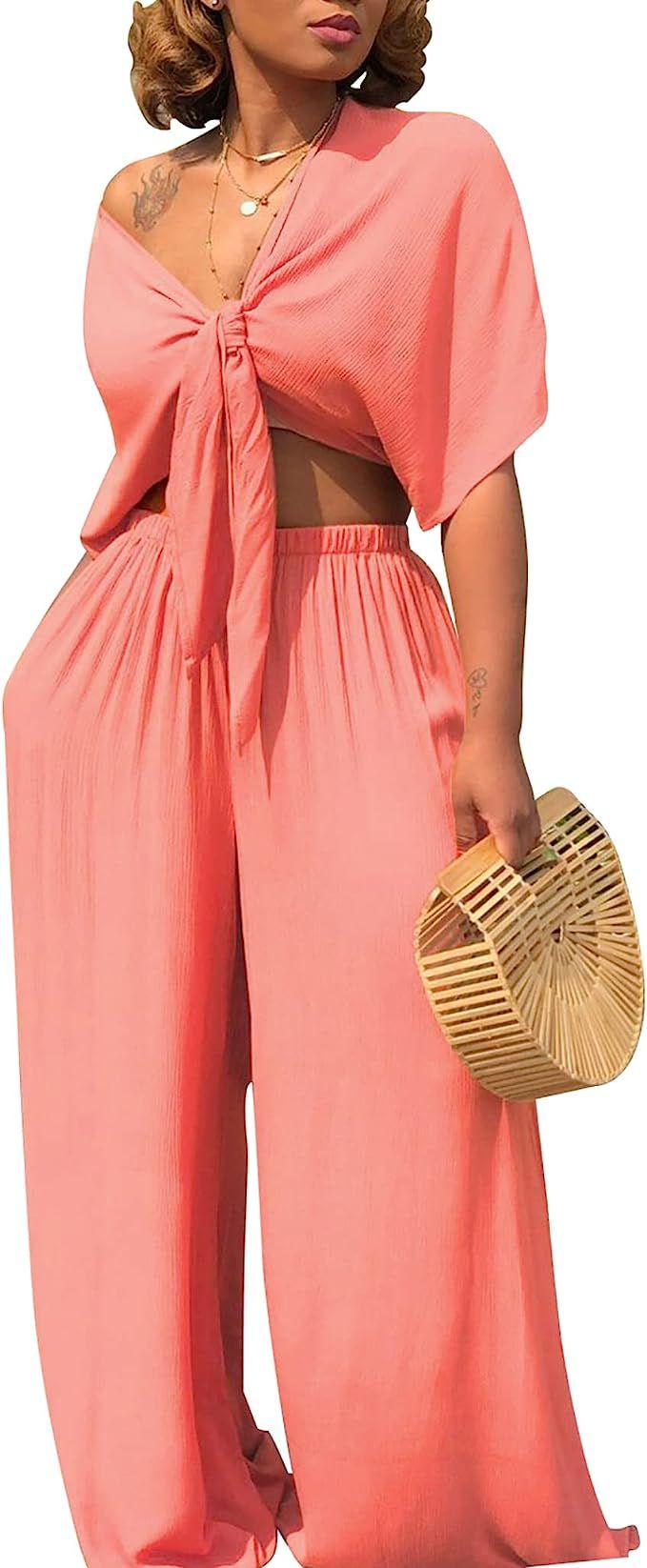 Womens Floral Two Piece Vacation Outfits Beach Hawaiian Shirts and Wide Leg Boho Pants Sets Jumps... | Amazon (US)
