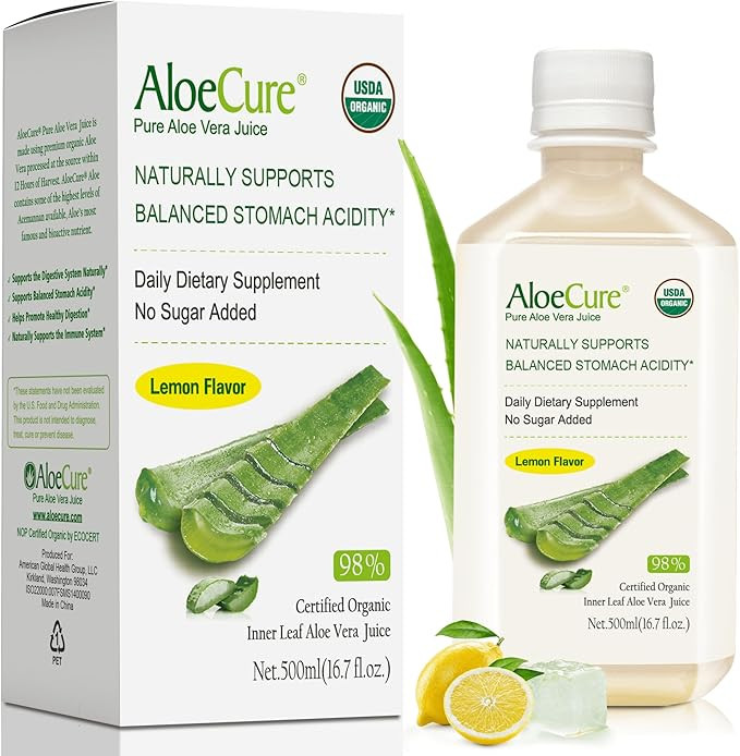 AloeCure USDA Organic Aloe Vera Juice Lemon Flavor - Made Within 12 Hours of Harvest - Natural Di... | Amazon (US)