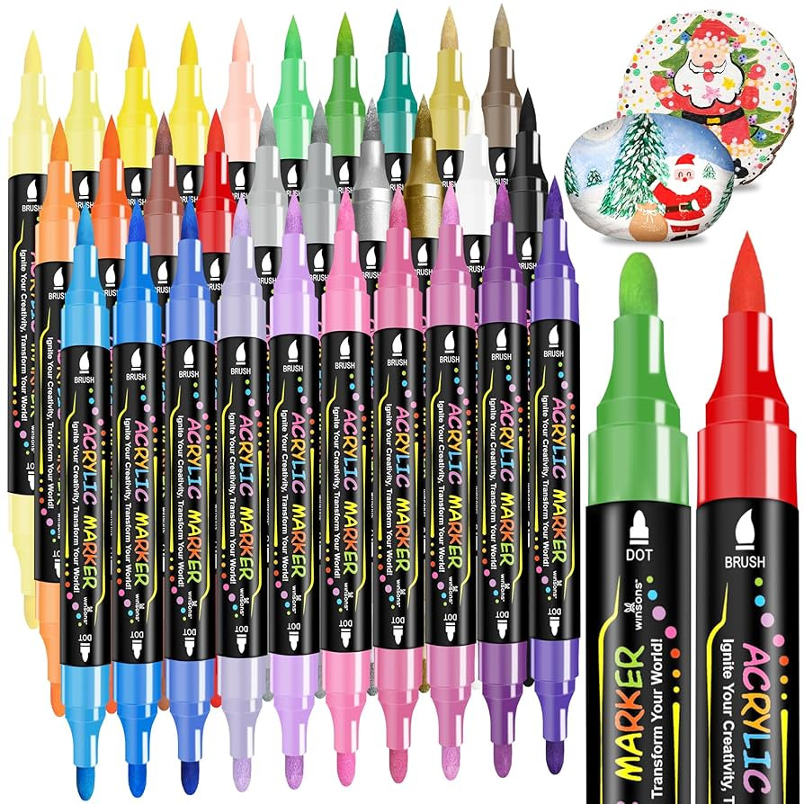 30 Colors Dual Tip Acrylic Paint Markers Pens- Premium Acrylic Paint Markers, Brush & Round Tips,... | Amazon (US)
