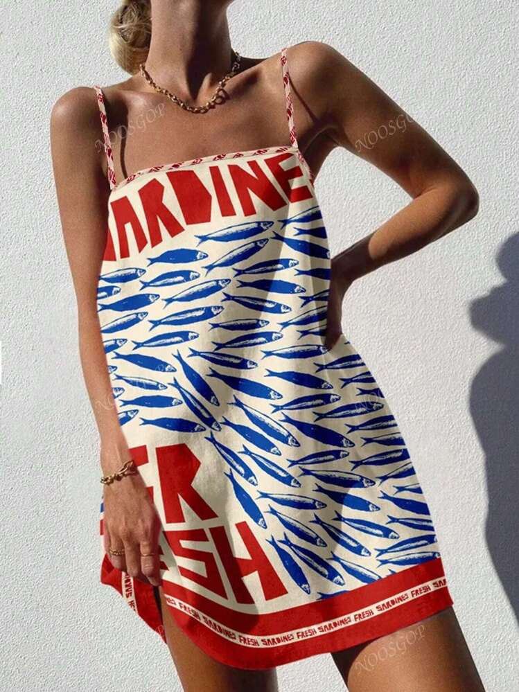 Boho Spring And Summer Beachwear For Casual Versatile Suspender Letter Sardine Print Ropical Vaca... | SHEIN