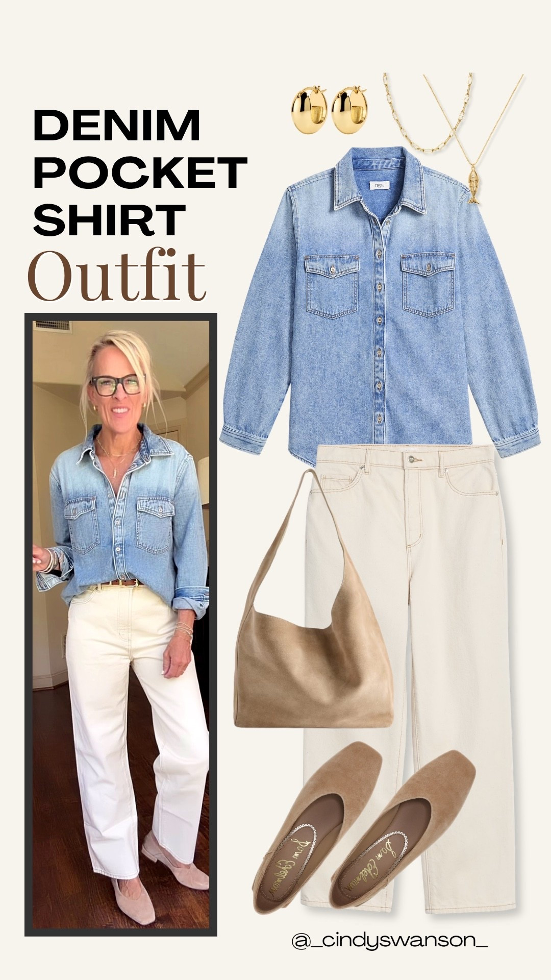 A denim pocket shirt and cream wide-leg jeans make such an easy, polished everyday outfit. I love the relaxed fit of the denim with the clean, elongating look of the light-colored jeans—finished with neutral suede mules and simple gold jewelry.

💡 LTK MADE EASY
❤️ Heart = Support my posts!
🔖 Save = Get sale & restock alerts
📋 Lists = Keep favorites organized
📲 Share = Send lists and products to a friend.
💬 Comment = Ask me anything about what I’m wearing!

#LTKootd #LTKOver40 #LTKSeasonal