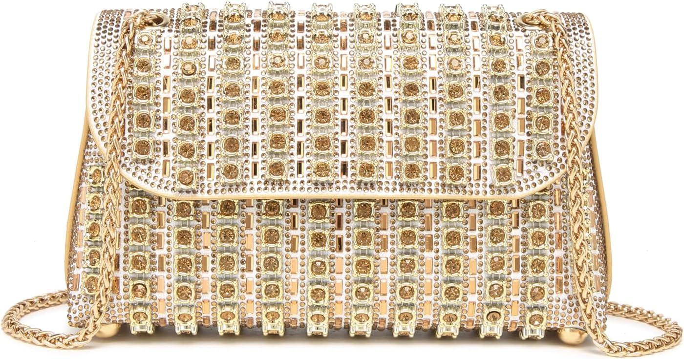 Rhinestone Evening Bag with Chain Holiday Party Small Crystal Metallic Clutch Purses for Women | Amazon (US)