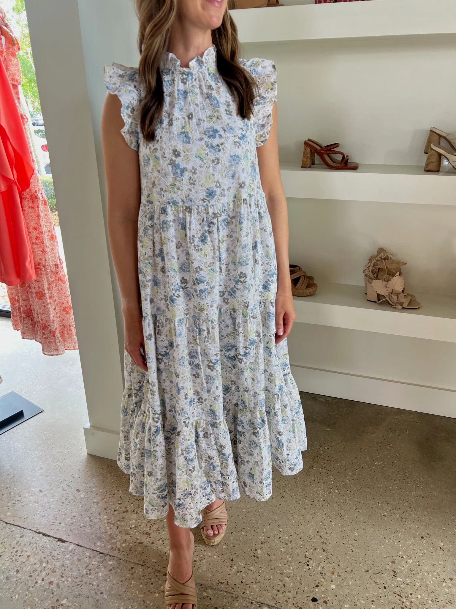 Multi Eyelet Tiered Midi Dress | Amor lafayette