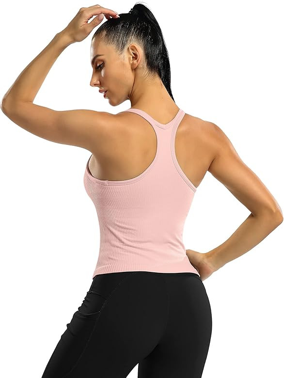 ATTRACO Women Ribbed Workout Crop Tops with Built in Bra Yoga Racerback Tank Top Tight Fit | Amazon (US)
