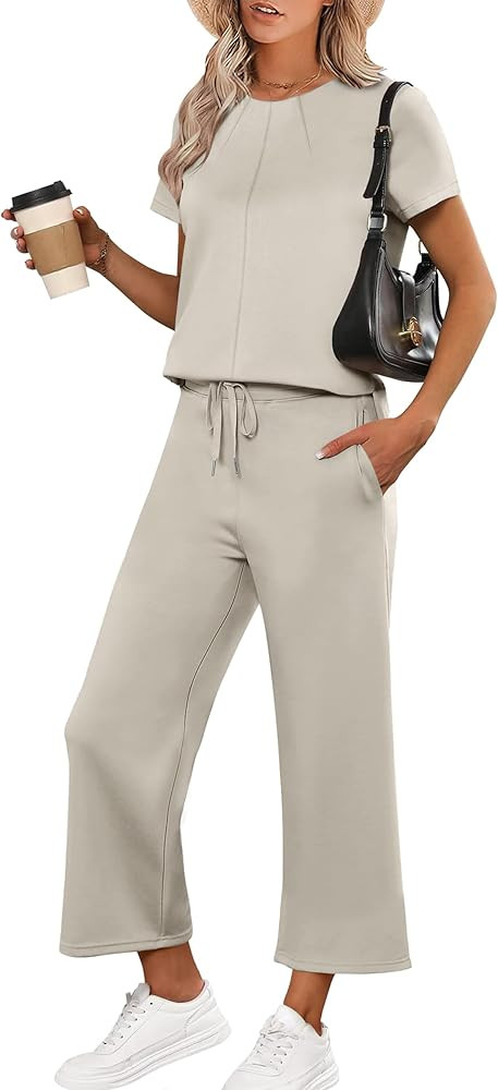 ANRABESS Women's 2 Piece Outfits Lounge Sets 2025 Summer Sweatsuits Short Sleeve Wide Leg Pants S... | Amazon (US)