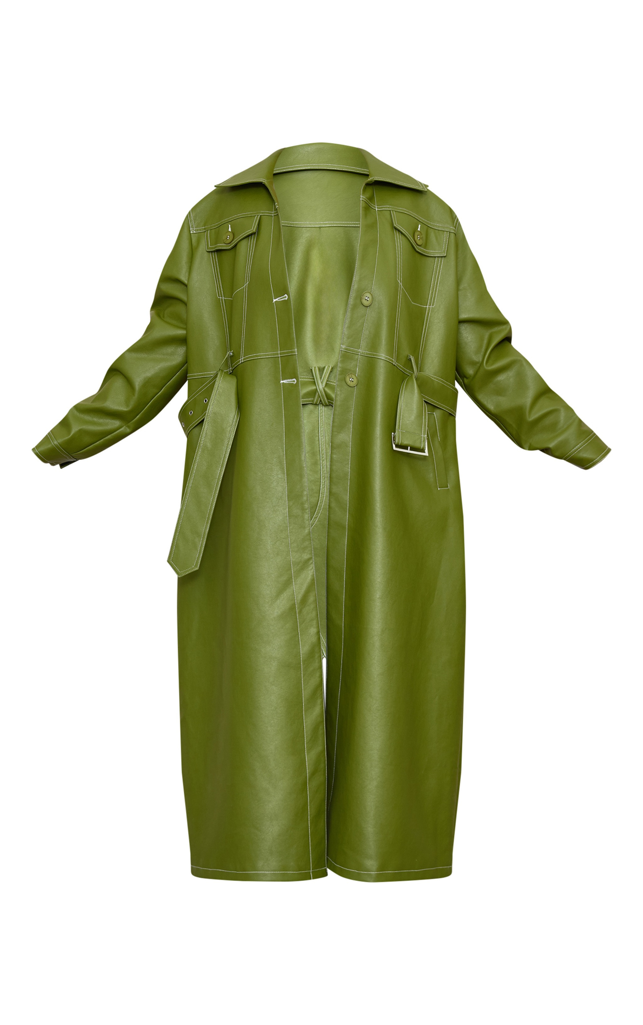 Plus Olive Pu Contrast Stitch Trench Coat | PrettyLittleThing US