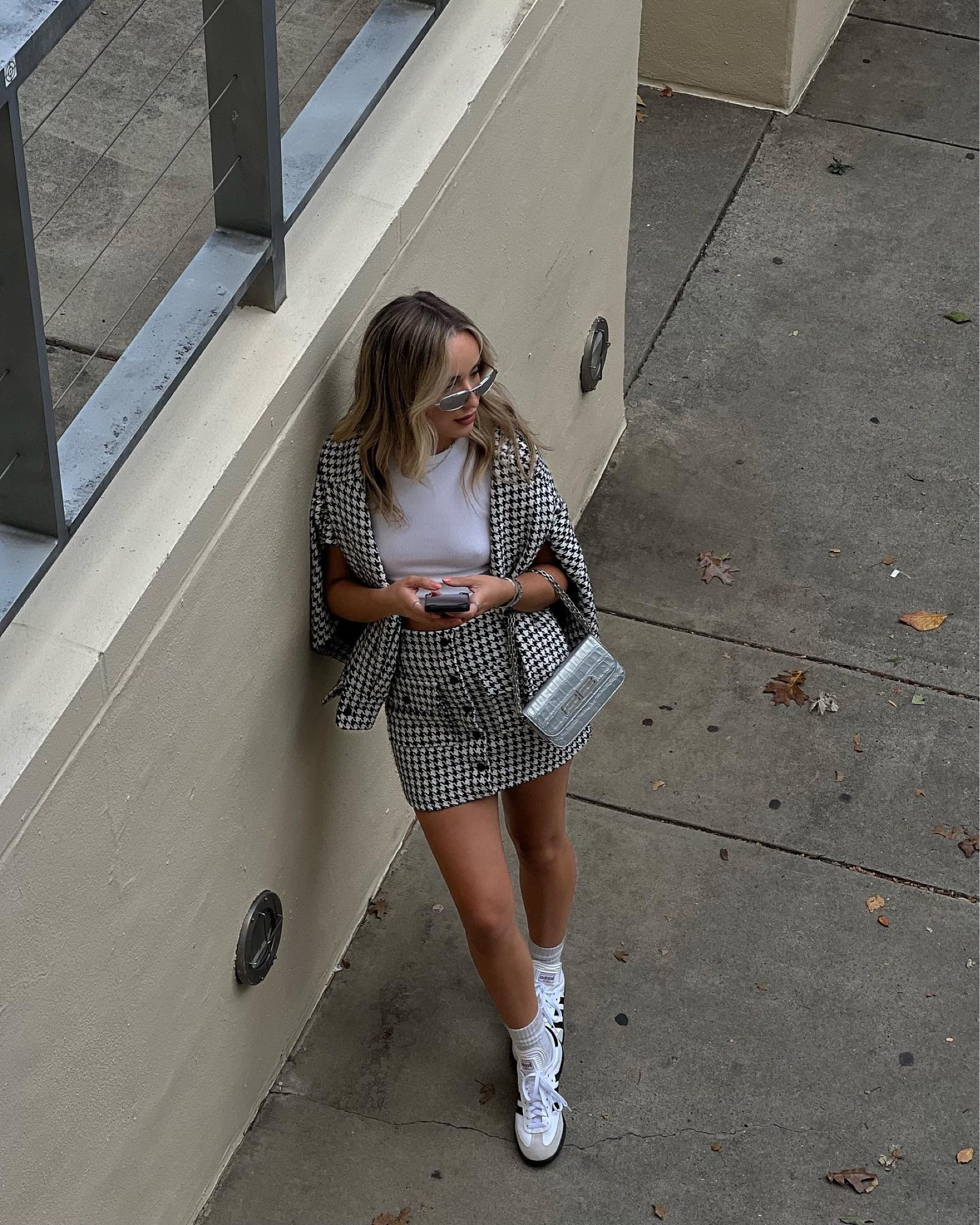 Houndstooth set, mini skirt, balenciaga bag, balenciaga sunglasses, adidas sambas, fall outfit, simple outfit, preppy style, cool girl style, Abercrombie tank top, fall fashion 