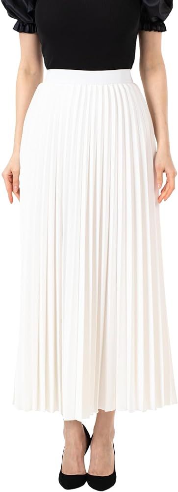Women's Pleated Maxi Skirt - Modest Elastic High Waist A Line Swing Boho Ruffle Plisse Long Skirt... | Amazon (US)