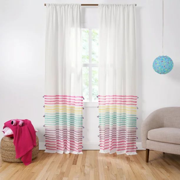 Gap Home Kids Watercolor Stripe with Tassels Organic Cotton Semi-Sheer Window Curtain Pair, White... | Walmart (US)