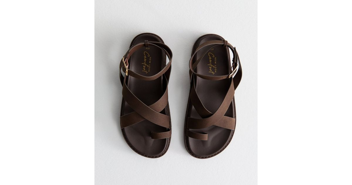 Brown Faux Leather Crossover Strap Sandals | New Look | New Look (UK)
