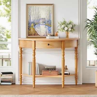 39" French Country Half Moon Console Table, Natural Farmhouse Demilune Entryway Table with Drawer & Storage Shelf - Panipeachy | Target