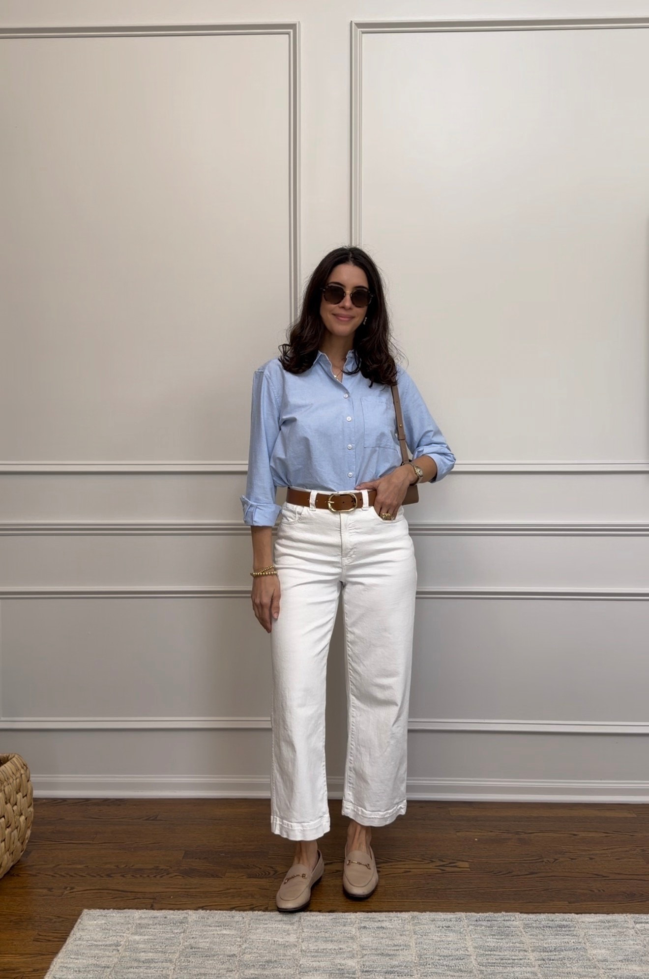 Go-to spring combo 🤍 Blue button-down + white jeans. Easy, polished, and always works. Styled with loafers, sunglasses, and a classic bag.

Sizing:
Shirt: Size Small 
Jeans: Size 27 (TTS, has stretch)
Loafers: TTS

#LTKSeasonal #LTKOver40 #LTKootd
