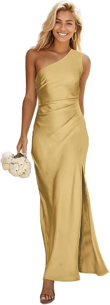One Shoulder Bridesmaids Dresses Long Satin Mermaid Prom Dress Pleated Formal Party Dress with Sl... | Amazon (US)