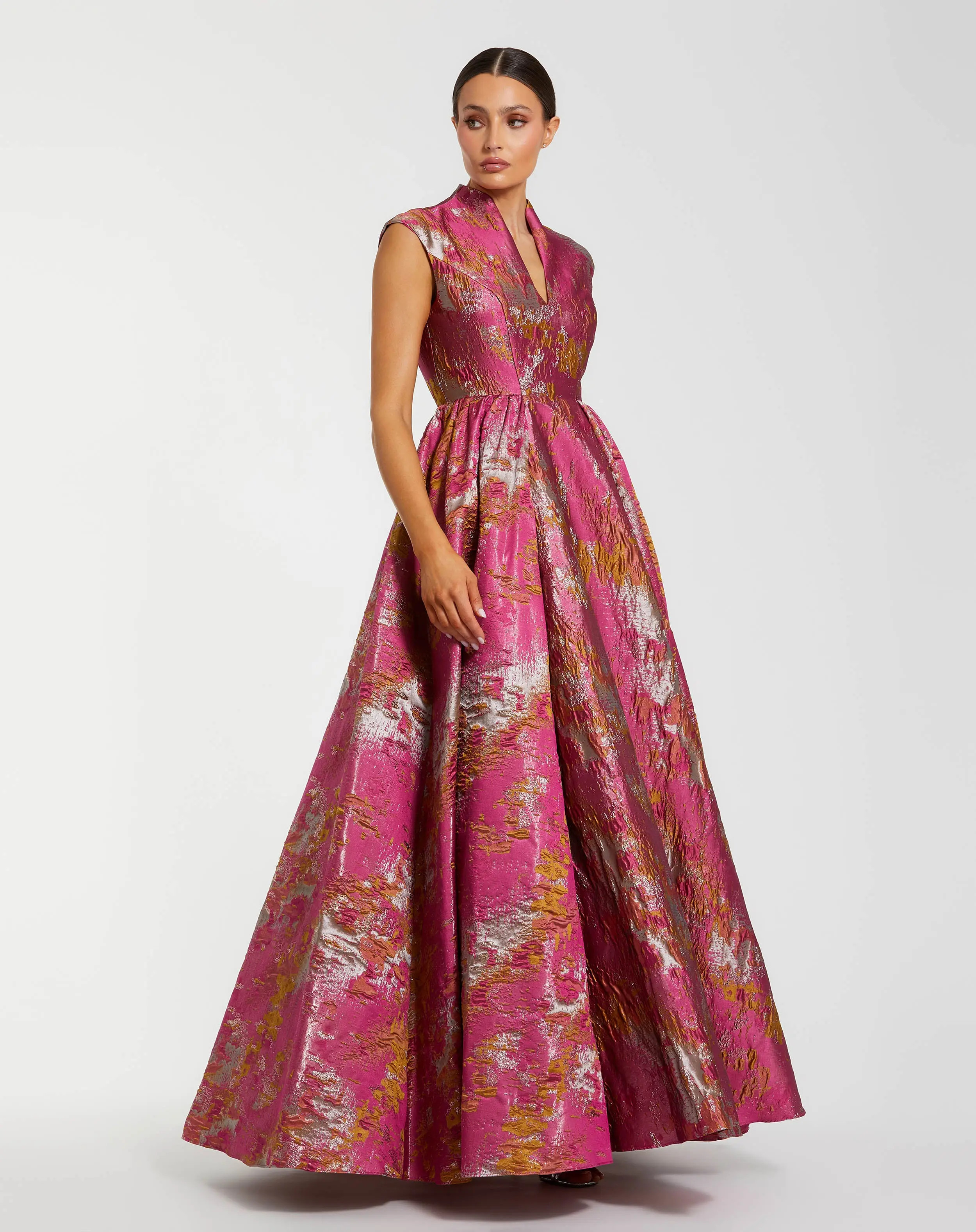 Metallic Jacquard Ball Gown with Mandarin Collar and Cap Sleeves - Mac Duggal | Mac Duggal