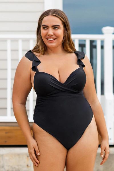 Serena Black Ruffle Plus Size One Piece Swimsuit | Cupshe