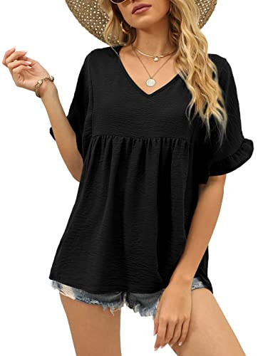 WIHOLL Womens Tops Casual V Neck Ruffle Sleeve T Shirts Babydoll Loose Fit Peplum Tops | Amazon (US)