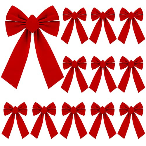 Sggvecsy 12 Pcs Christmas Red Bow Christmas Wreath Bows Christmas Velvet Bows Large Xmas Tree Ornaments Xmas Decoration Handmade Crafts for Home Outdoor Indoor Party (9.8 x 15.7 Inches) | Amazon (US)