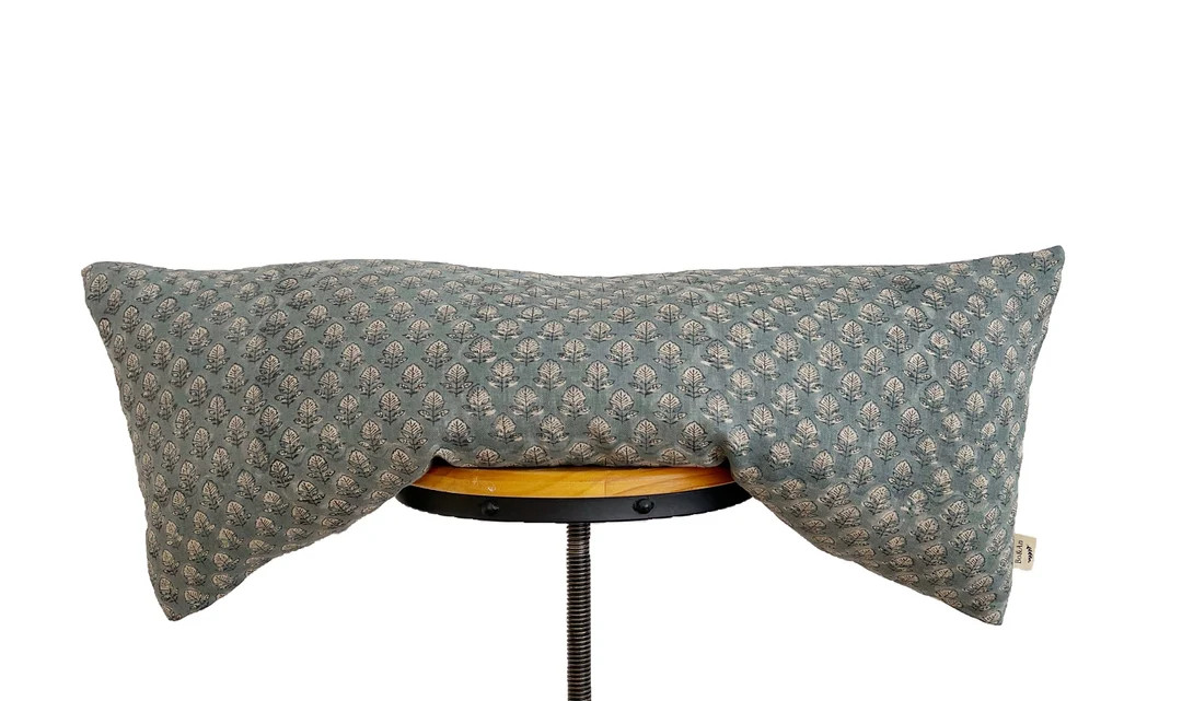 Block print linen pillow, Antique blue and natural floral linen pillow cover, lumbar pillow cover... | Etsy (US)