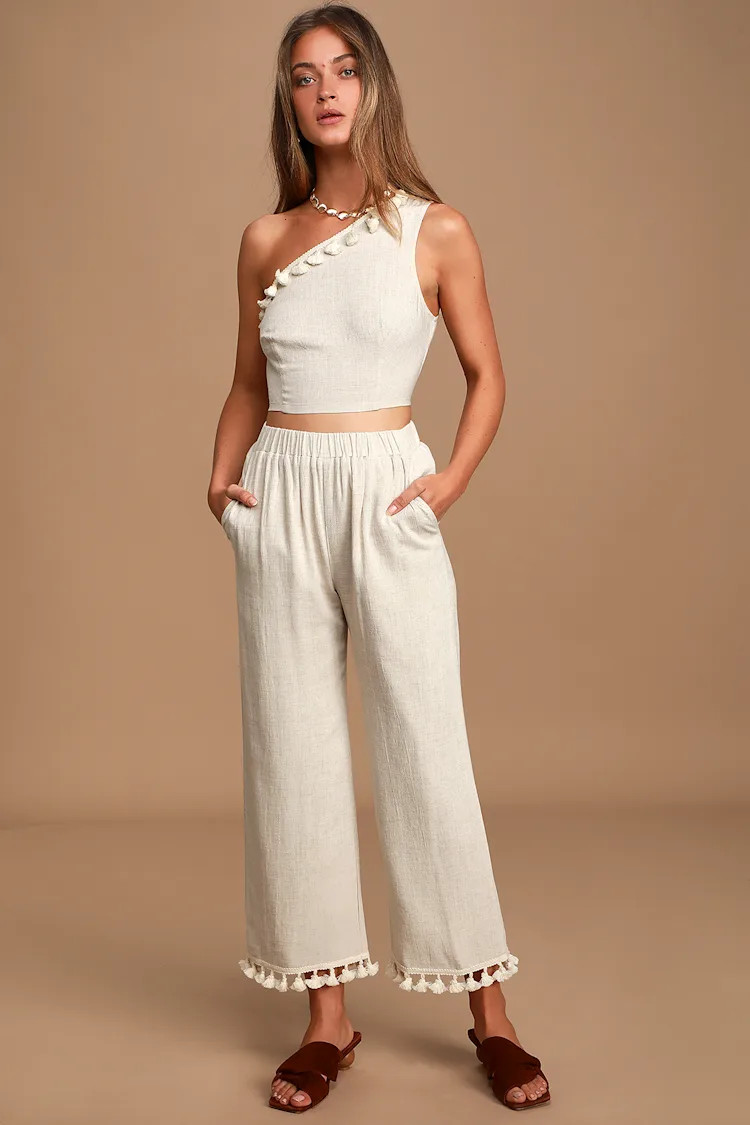 Line in the Sand Beige Wide-Leg Tassel Pants | Lulus (US)