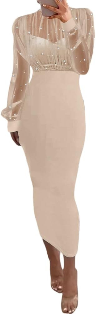 CHICME Women's Sexy Bodycon Midi Dress Mock Neck Long Sleeve Sheer Dresses Beaded Night Club Part... | Amazon (US)