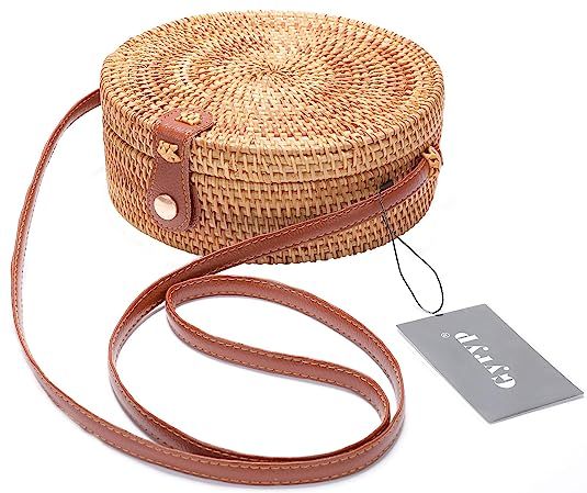 Handwoven Round Rattan Bag Shoulder Leather Straps Natural Chic Hand Gyryp | Amazon (US)