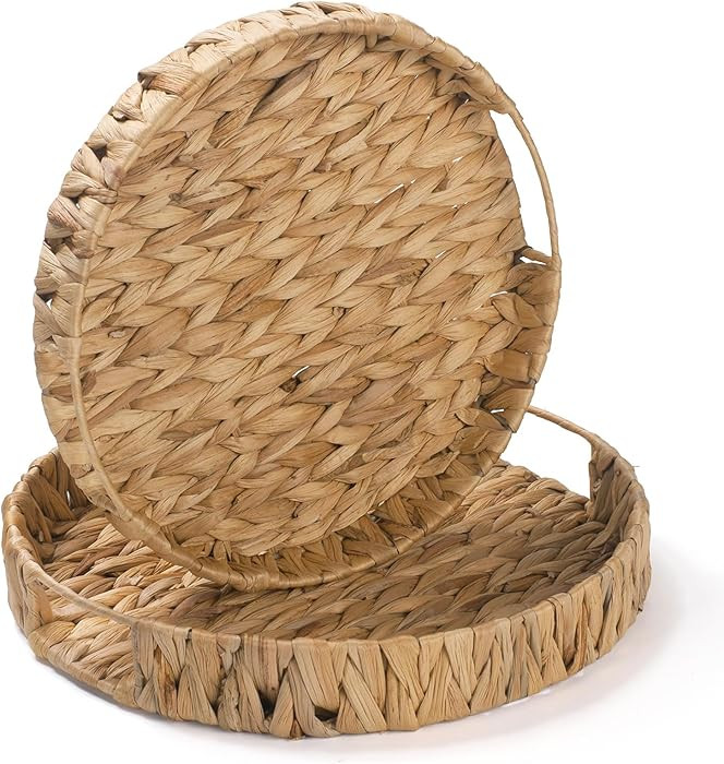 2 Pack Round Woven Tray, Water Hyacinth Serving Basket, Decorative Wicker Tray for Coffee Table, ... | Amazon (US)