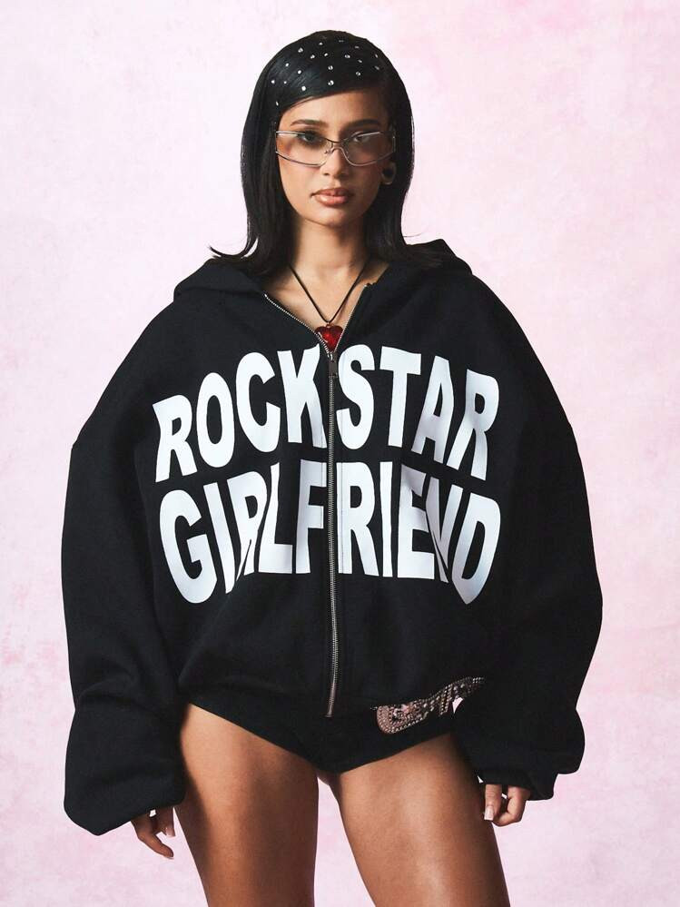 SUMWON WOMEN Rockstar Girlfriend Full-Zip Cropped Hoodie Edgy Streetwear Y2K Aesthetic Statement Sweatshirt Fashion Oversized Rhinestone Embellished Hood Fall Winter | SHEIN