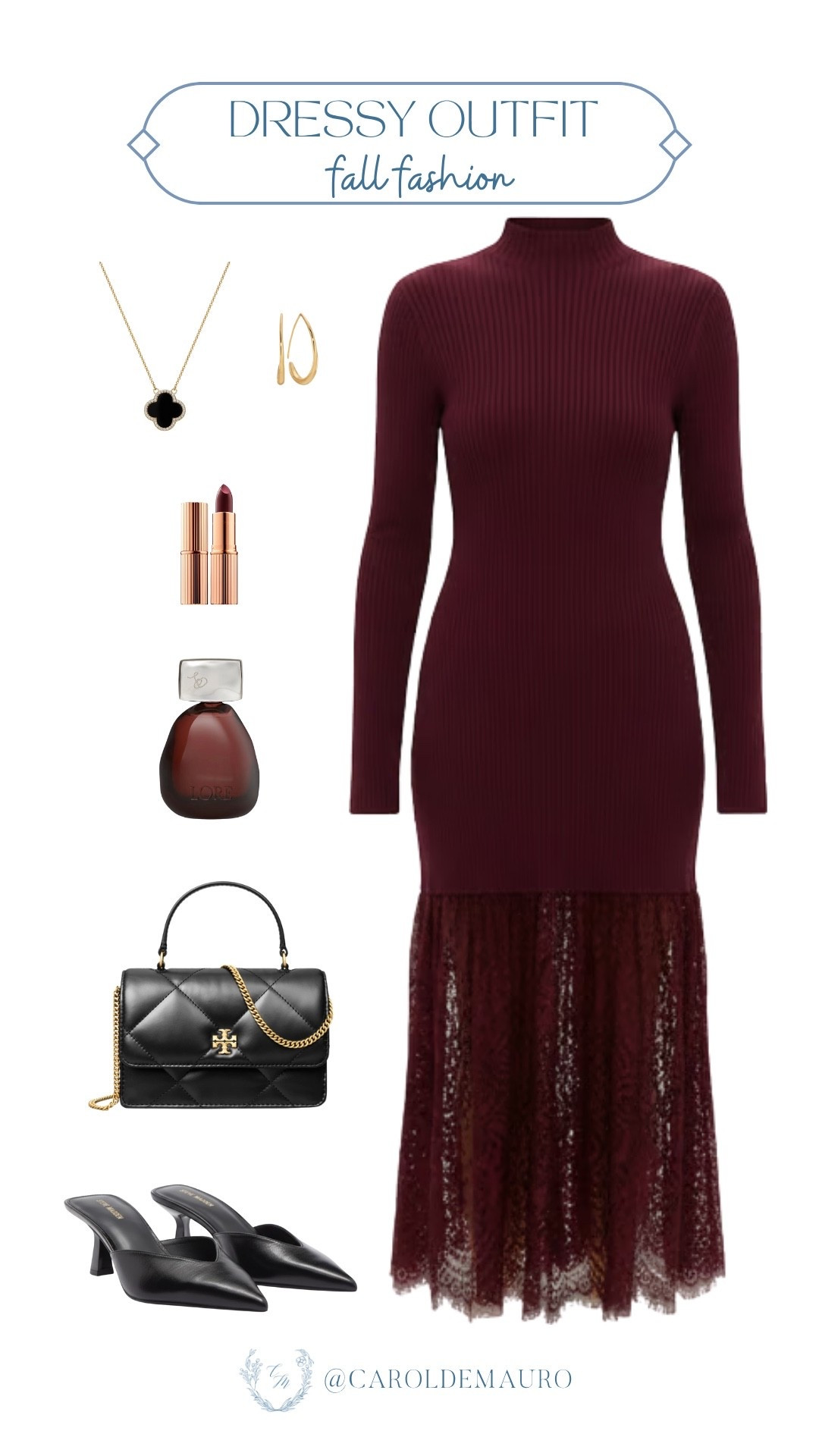 This burgundy ribbed sweater dress with lace trim is the perfect piece to take you from day to a sophisticated evening! Get that polished look when you pair it with chic black mules, a quilted crossbody bag, and a touch of gold jewelry. 

dressy outfit, fall fashion, party style, NYE inspo, holiday look, formal wear, nightout wear, date night outfit

#LTKSeasonal #LTKU #LTKStyleTip