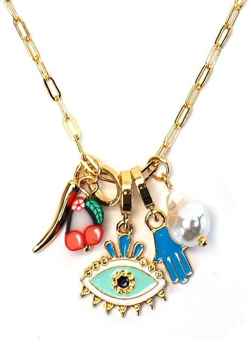 Paperclip Pendant Protection Necklace - Pendant Necklace With Italian Horn Evil Eye Hand and Foot... | Amazon (US)