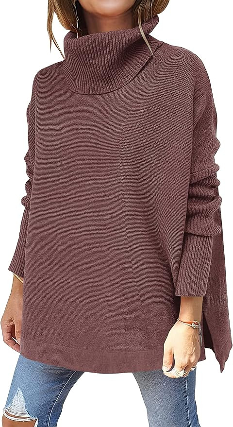 ANRABESS Women's Oversized Turtleneck Batwing Sleeve Spilt Casual Loose Knit Tunic Pullover Sweat... | Amazon (US)