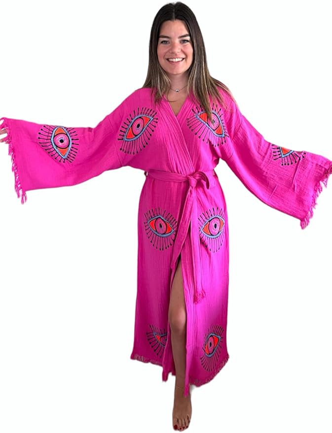 Handmade Evil Eye Kimono - Fuchsia Festival Women Clothing - Bohemian Robe - Boho Cotton Cardigan... | Amazon (US)