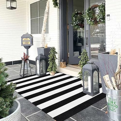 Collive Black and White Outdoor Rug 3'x 5', Hand Woven Washable Striped Outdoor Rug, Farmhouse Front Porch Rug Decor, Welcome Layered Door Mats for Front Door Entryway Patio Kitchen | Amazon (US)