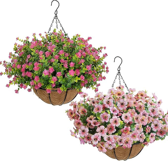 Artificial Hanging Plants Flowers with Basket 2 Packs, Artificial Hanging Flowers for Outdoors, F... | Amazon (US)