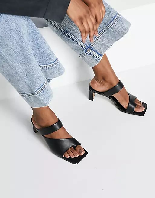 & Other Stories leather heeled sandals with toe post in black | ASOS (Global)