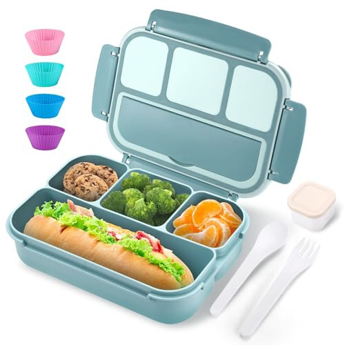Bento Box Adult Lunch Box for Men Women, Bento Lunch Box for Kids Boys Girls School, Lunch Containers for Adults with 4 Compartments, Utensil Set, Sauce Container, Muffin Cup, Green | Amazon (US)
