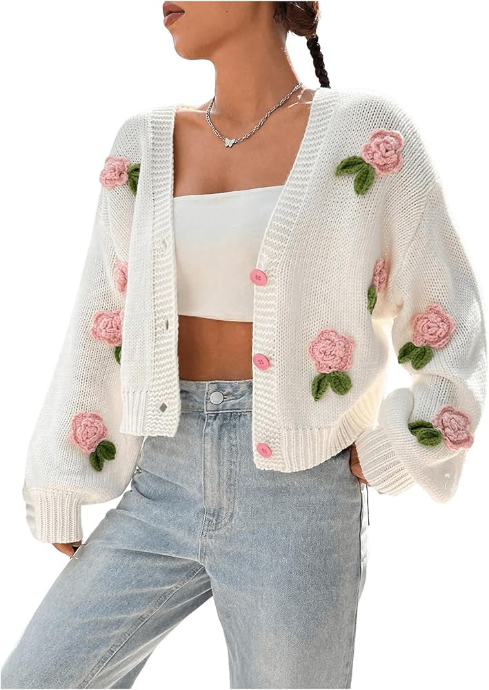 GORGLITTER Women's Floral Button Up Cropped Crochet Cardigan Boho Knit Sweater Long Sleeve Open F... | Amazon (US)