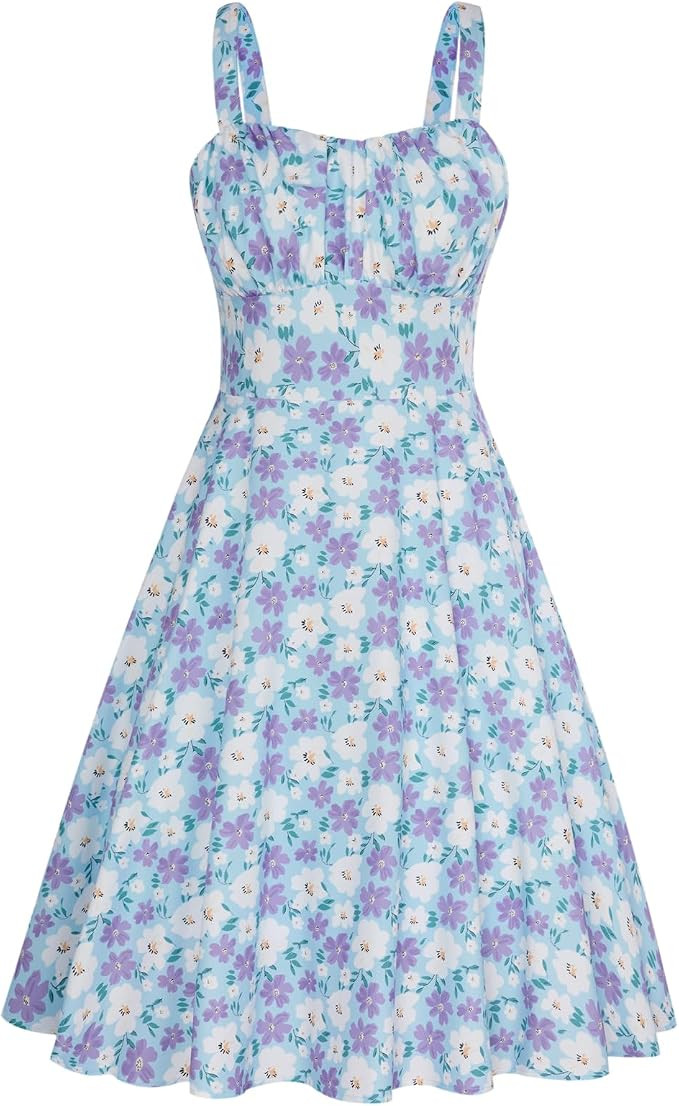 Belle Poque Women's Vintage Sleeveless Floral Ruched Summer Cute A-Line Flowy Swing Midi Dress | Amazon (CA)